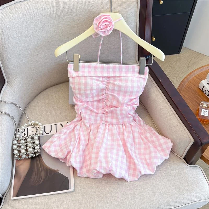 甜美粉色格子抹胸背心女夏季外穿立体花朵飘带挂脖裹胸裙摆小上衣