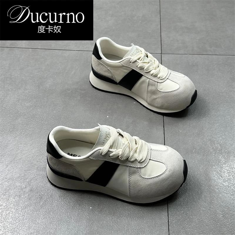 DUCURNO 真皮厚底德训鞋女2025春季新款卡皮巴拉百搭休闲运动鞋子