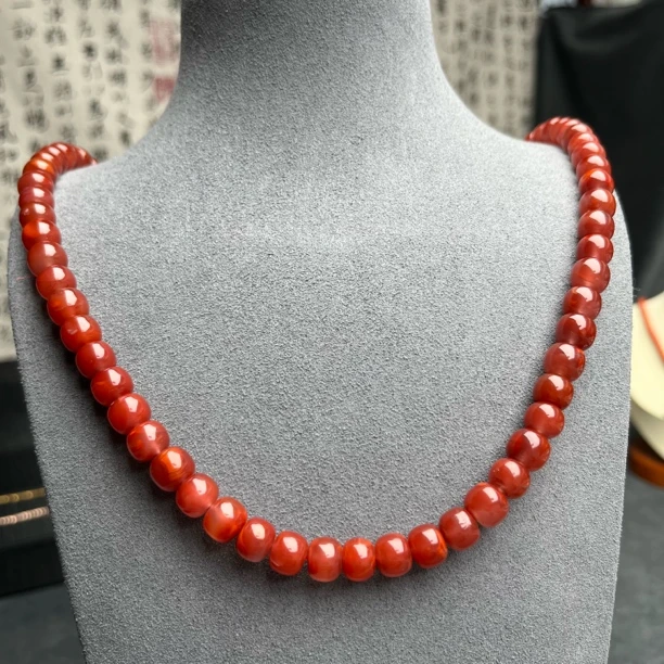 精品南红川料火焰纹牛血红卡9老型珠颈饰珠串项链87.8克