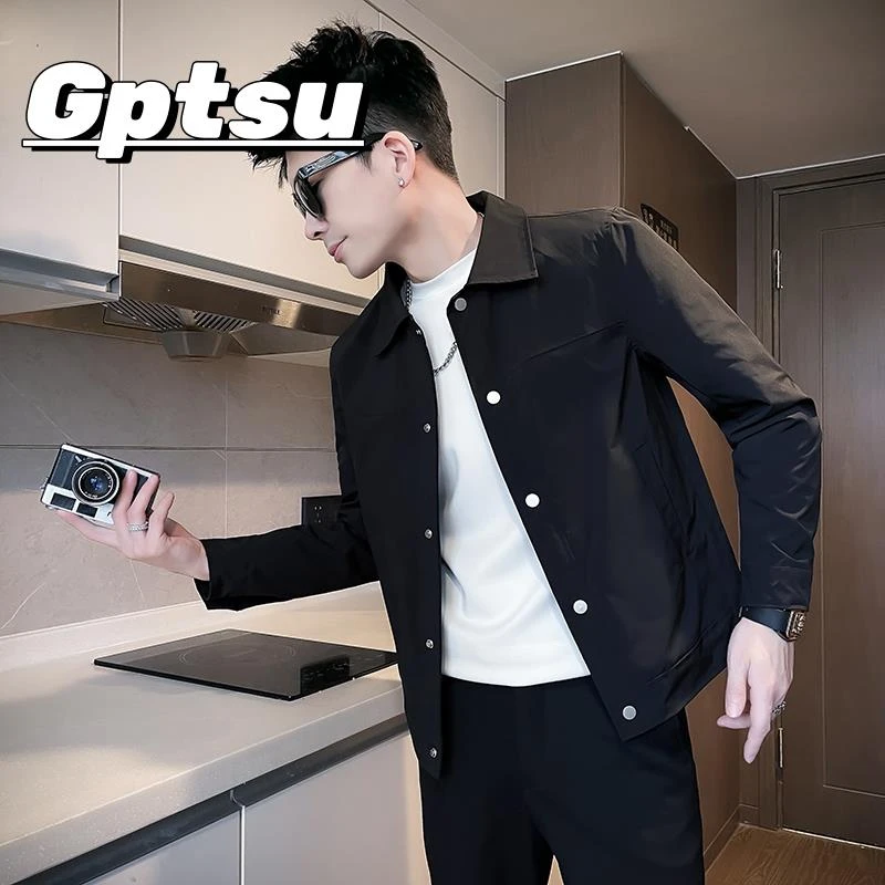 GPTSu痞帅翻领外套春秋季男装上衣黑色新款春装百搭加绒休闲夹克