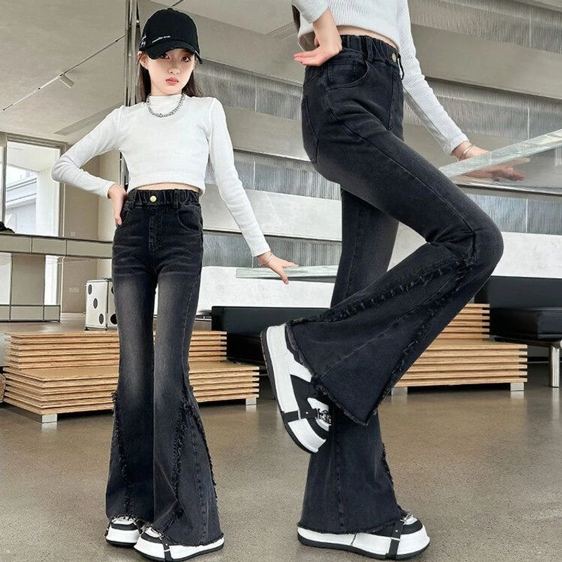 女童裤子秋季2025新款中大童女孩高腰显瘦港风喇叭裤儿童牛仔裤潮