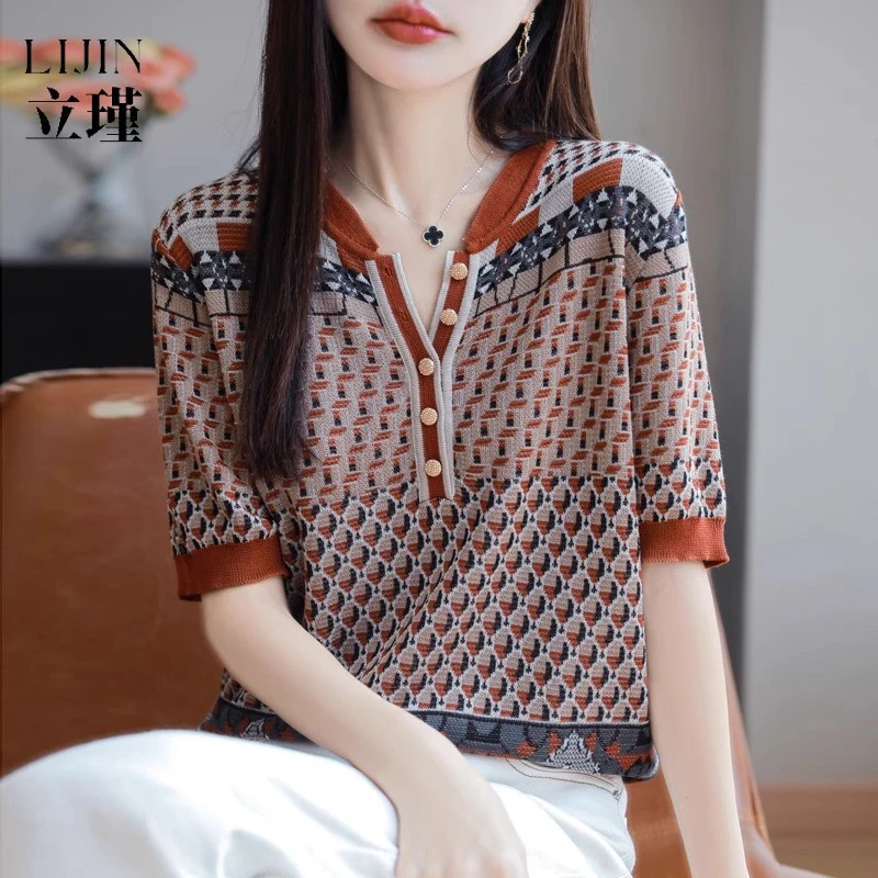 2025新款时尚百搭格子提花复古气质针织衫短袖上衣洋气独特T恤女