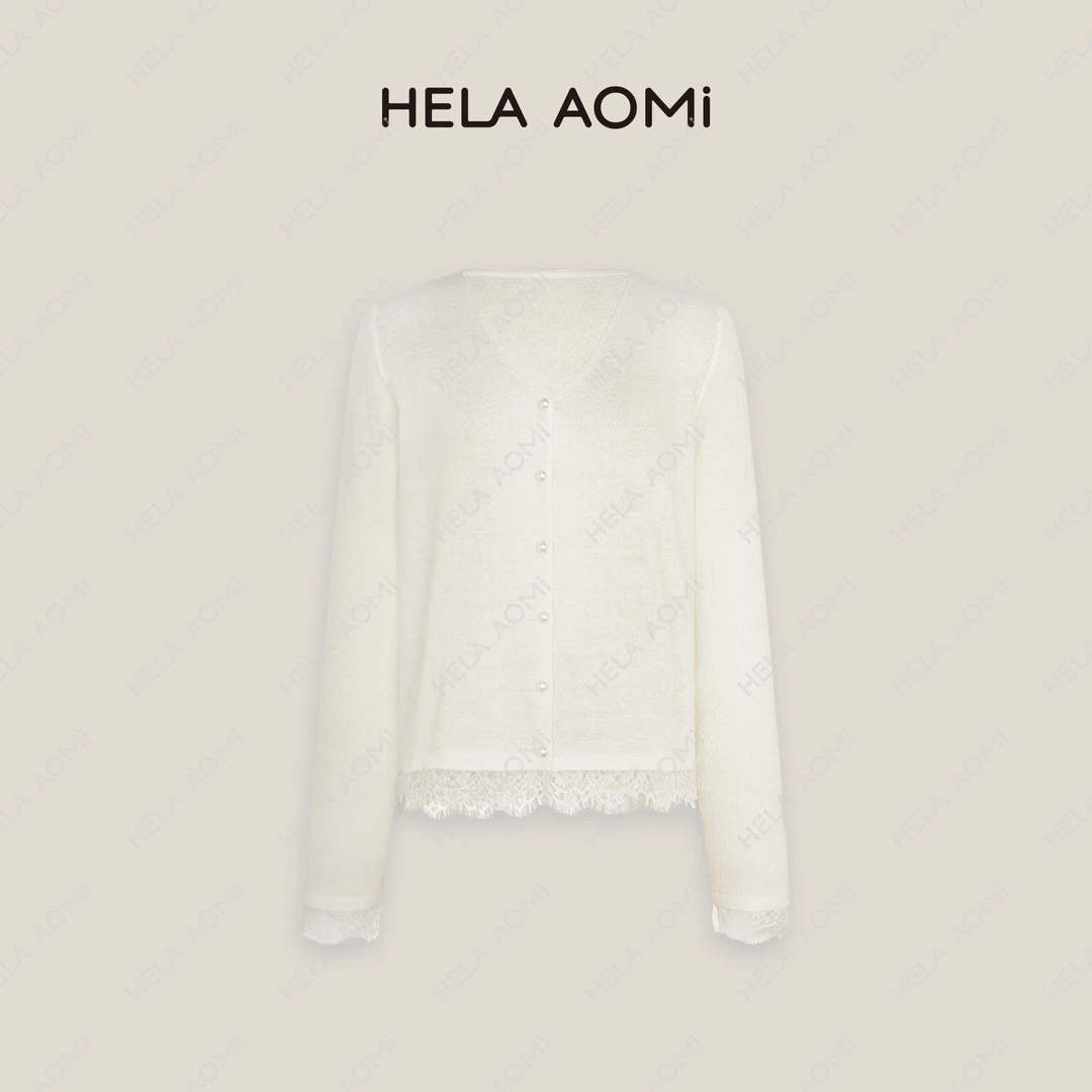 HELAAOMI “珍珠扣开衫”蕾丝花边时尚拼接开衫针织上衣CY4DX31067