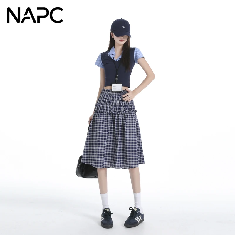 NAPC小众设计感蓝色格子半身裙女夏季法式气质抹胸背心裙a字伞裙