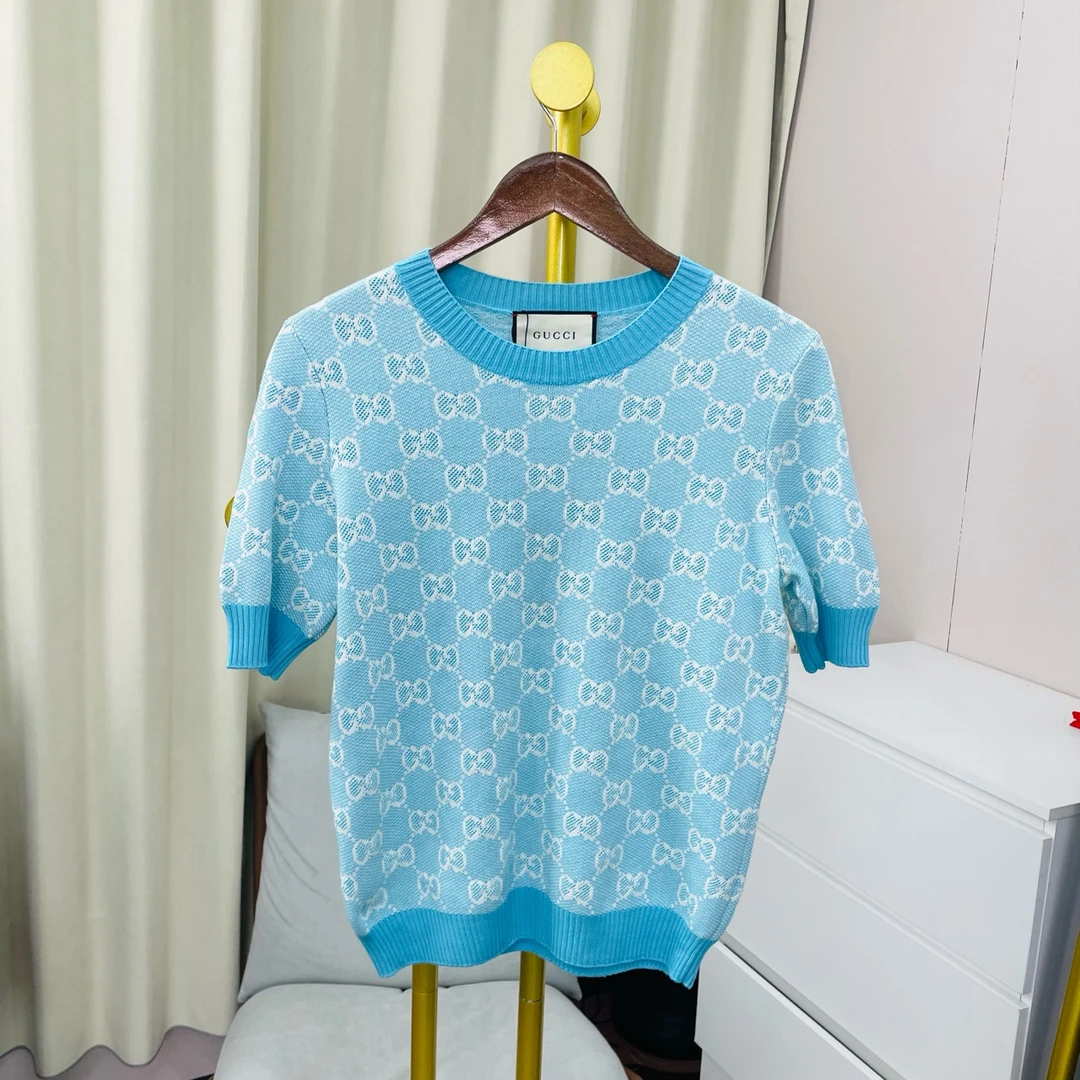 99新 GUCCI/古驰  蓝色满印针织短袖 L码