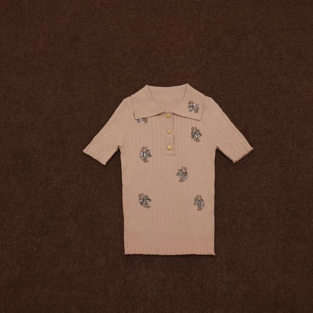 【晨老板】~ceilina【镜花若梦】时尚串珠polo领短袖针织69257063