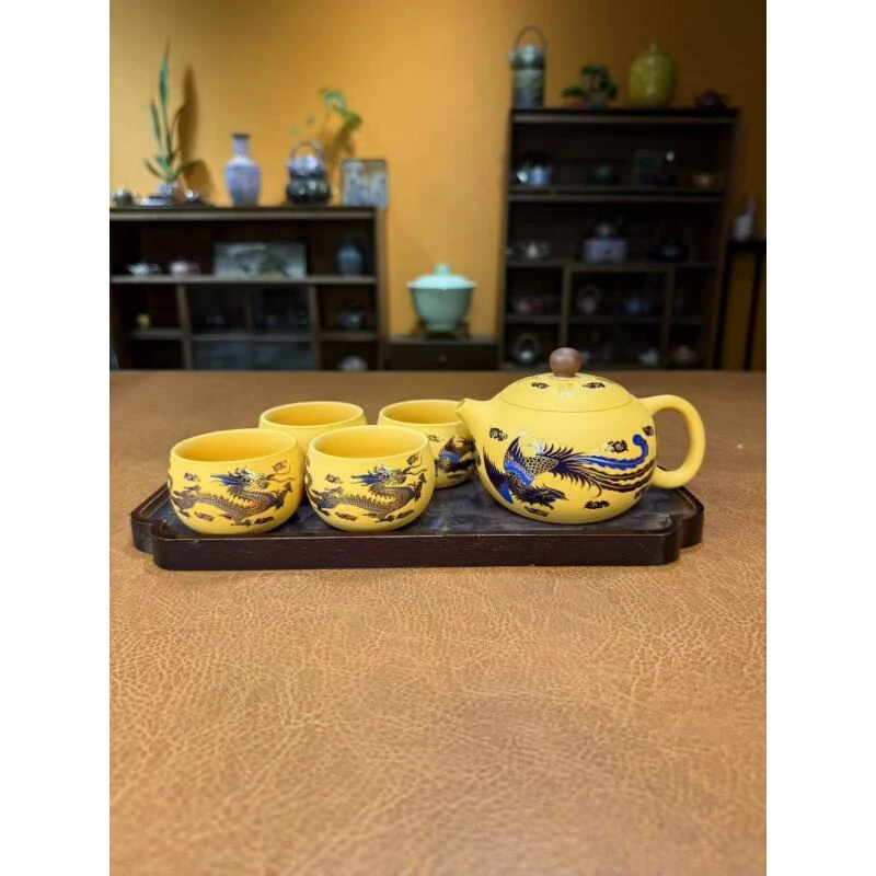 沐雨茶器 段泥凤鸣龙凤西施壶一壶四杯带变色茶盘-2767