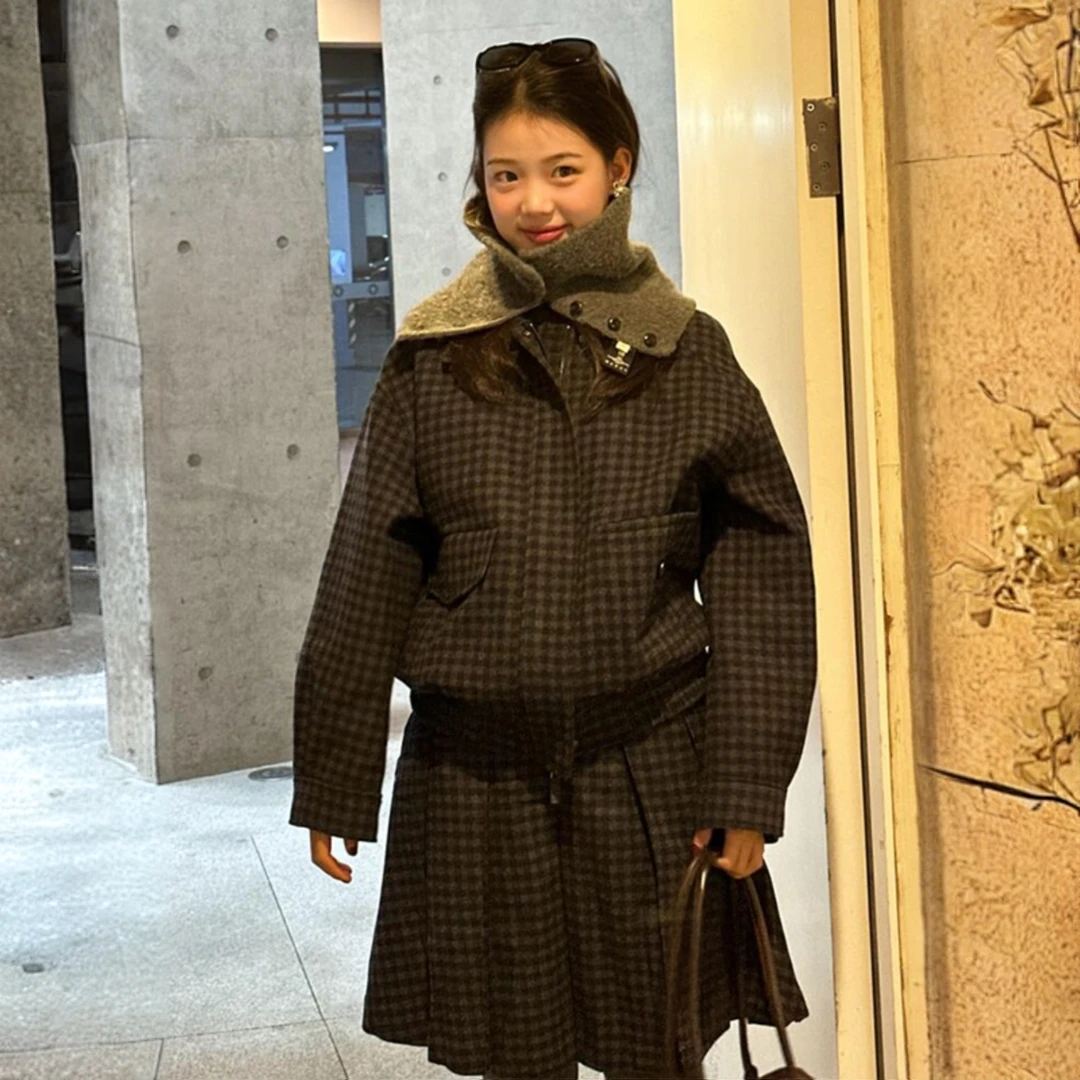 千鸟格工装套装女秋冬时尚高端漂亮百搭廓形格子夹克半身裙两件套