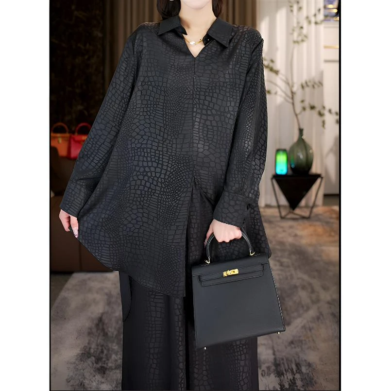 2025年早春穿搭一整套高端感纹理长袖上衣宽松裤子大码女套装9999