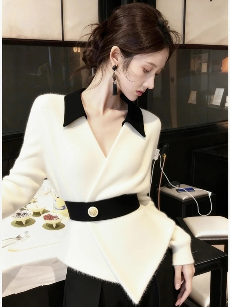 小香风白色针织衫女2025秋季小众不撞款独特漂亮轻熟名媛掐腰毛衣