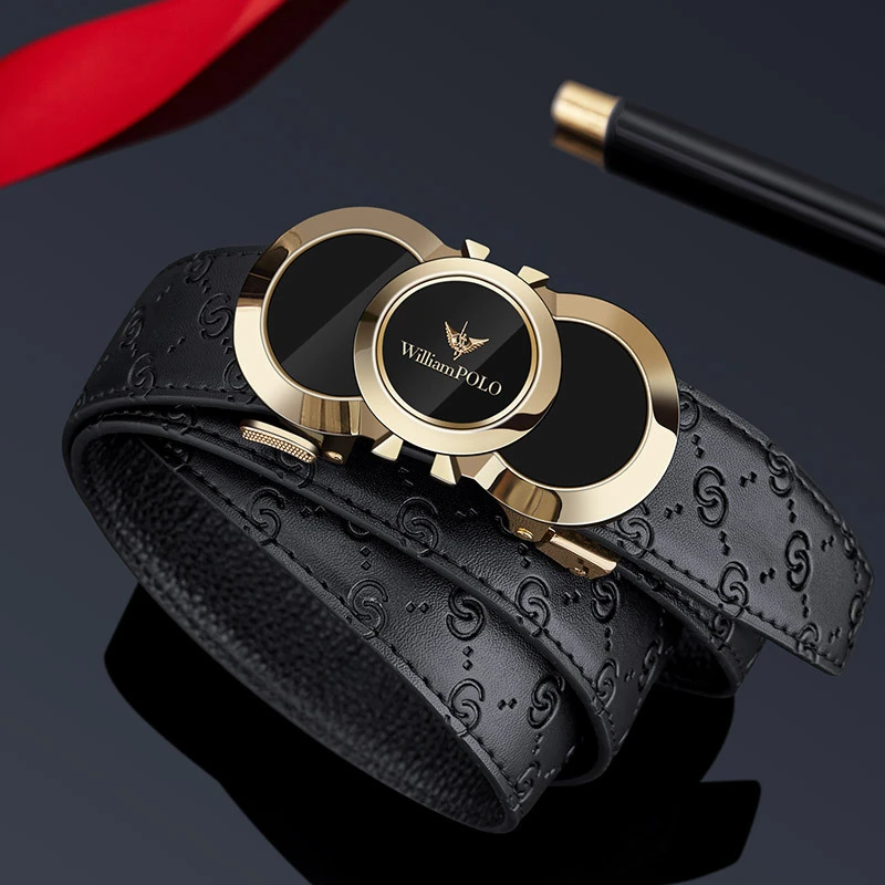 英皇保罗正品男士真牛皮皮带高端时尚百搭压花头层牛皮牛仔裤腰带