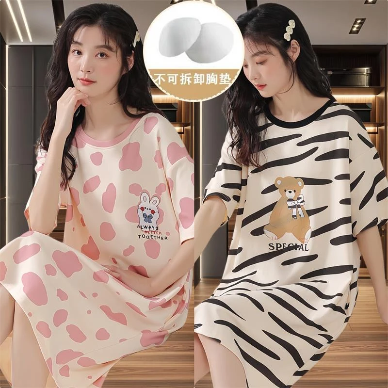 浪芝棉新款买一送一带胸垫睡衣女夏季元气少女甜美夏天中长款睡裙
