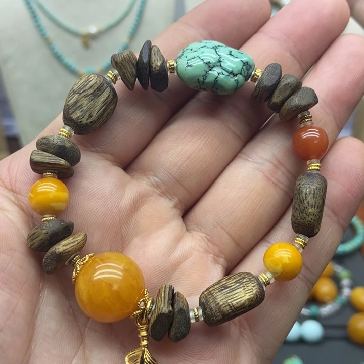 绿松石银S925镀金镶嵌手链