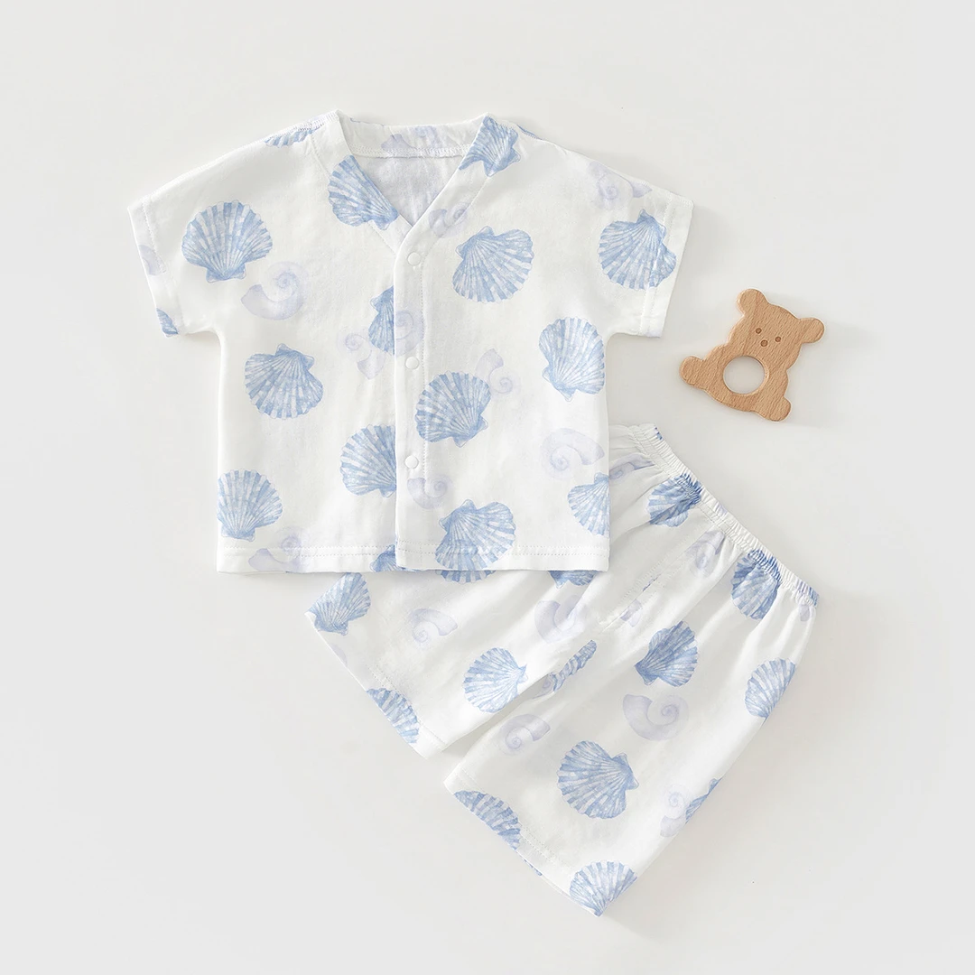 婴儿空调服双层纱布夏季短袖短裤竹纤维宝宝分体睡衣A类无骨T恤套