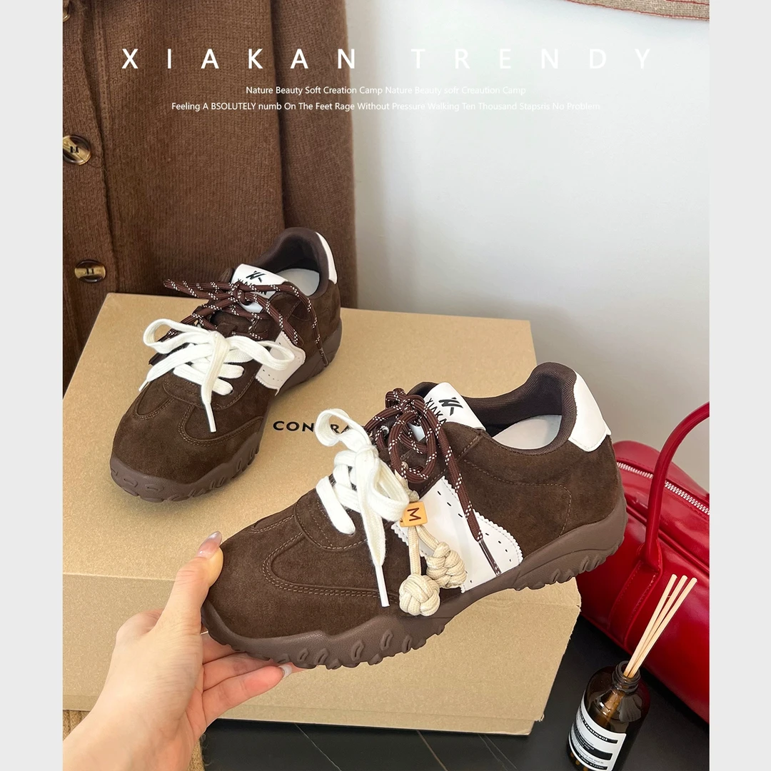 青鸢尾咖色内增高5cm休闲德训鞋女2025早秋季小个子运动阿甘鞋