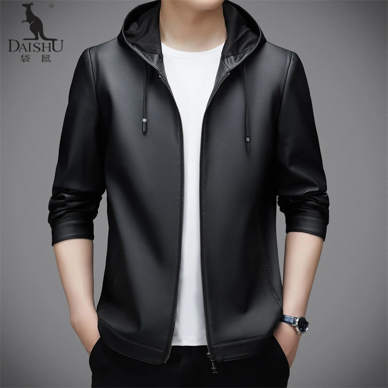 Dai Shu/袋鼠海宁皮衣男短款连帽秋冬外套男皮衣男款爆款2025新款