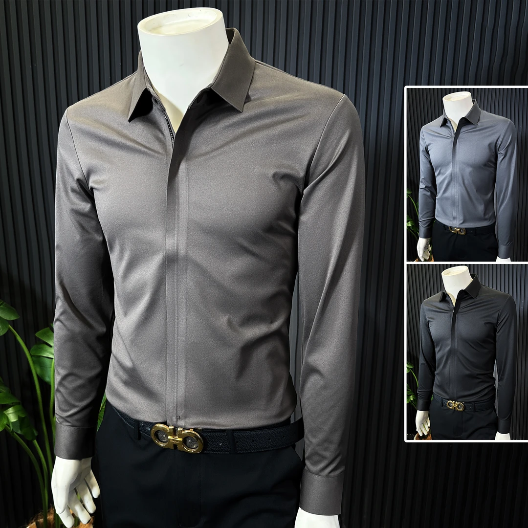 拉链暗扣衬衫男款长袖高级感潮牌男装秋季款按扣无痕压胶男士衬衣