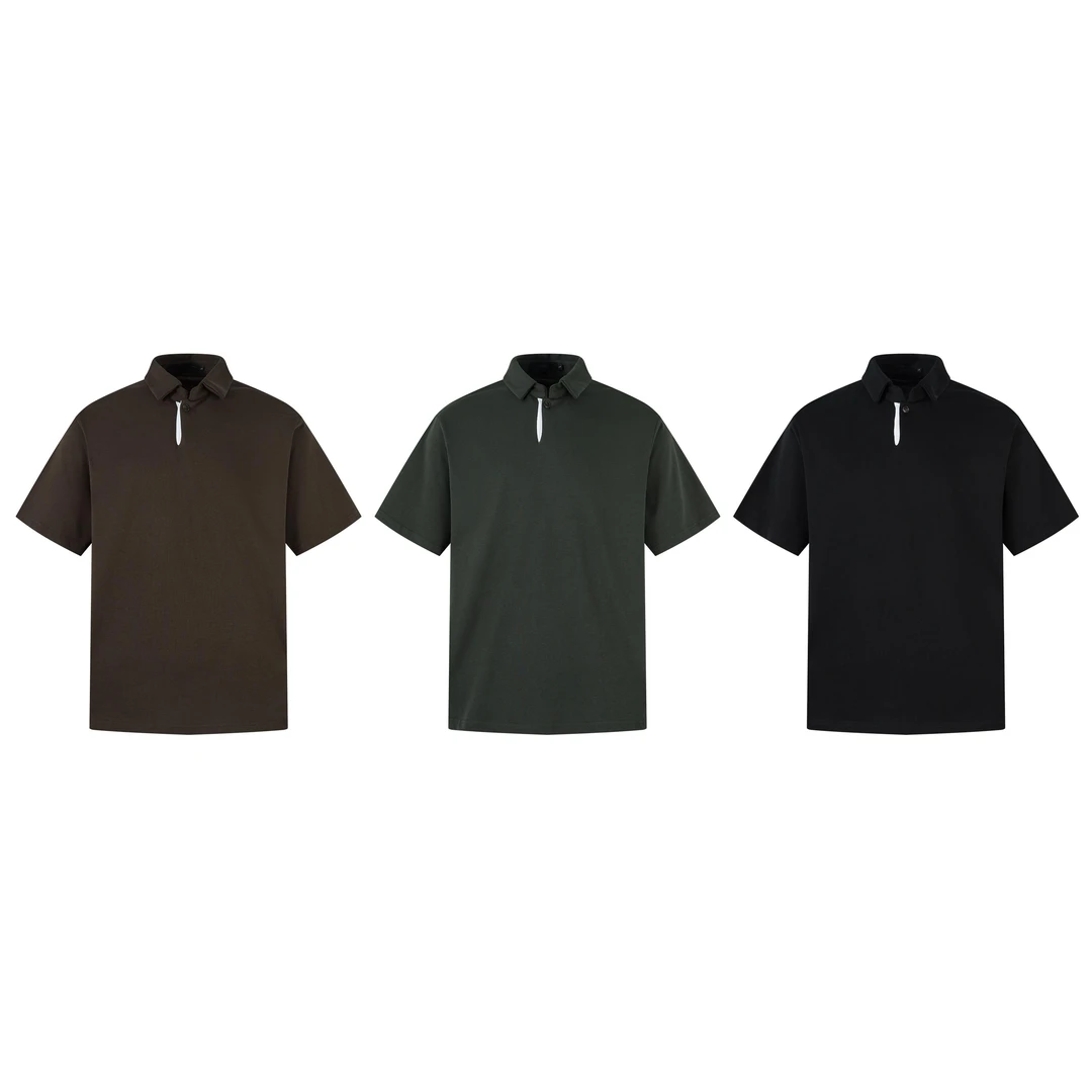 RIGOCOKN【老钱系列】400g翻领亨利领纯棉正肩T恤上衣短袖松弛感男