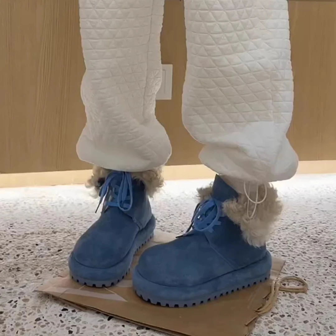 洋气版~磨砂皮系带蓝色雪地靴女多巴胺色系时尚厚底加绒保暖短靴