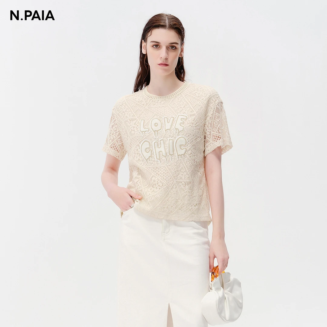 恩派雅24新款轻薄透气竹编蕾丝字母logo短袖套头T恤XNJEA2337A