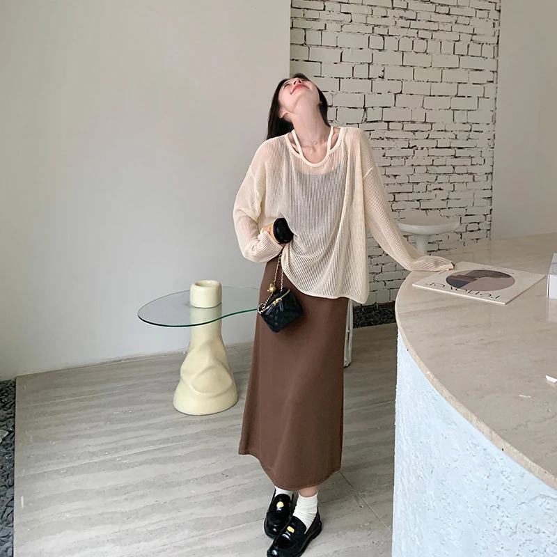 UQS2025夏季新款韩系慵懒风套装裙女显瘦吊带裙收腰针织罩衫