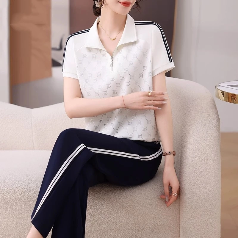 妈妈夏装高级感印花短袖T恤上衣中年运动套装女母亲节衣服两件套