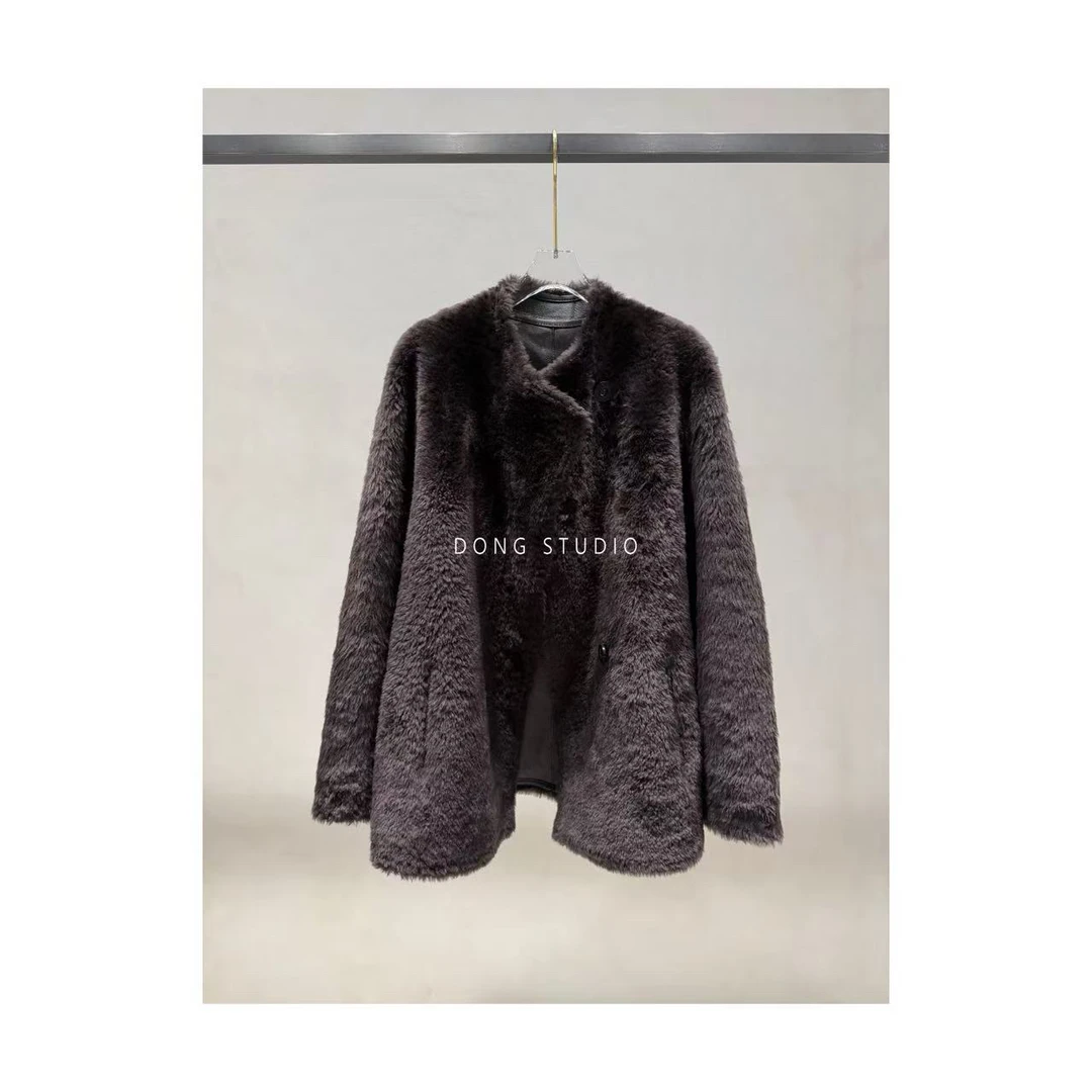 南非拉贡羊皮皮毛一体外套 极简斜襟正反两穿大衣外套I7667