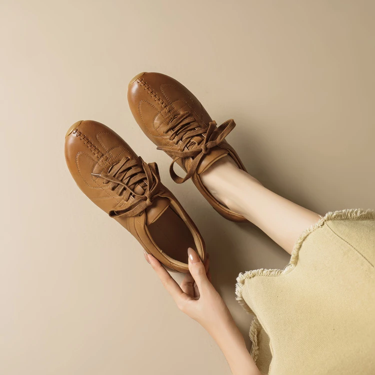 真皮复古气质真皮软底德训鞋女系带深口红色系带休闲运动鞋子平底