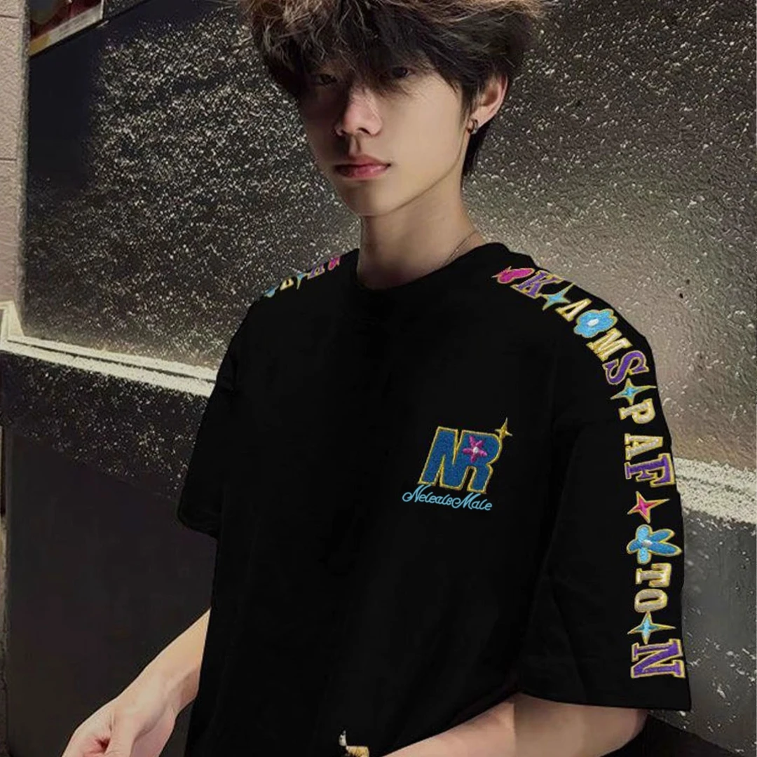 美式高街字母花卉刺绣短袖t恤男夏季新款国潮牌宽松纯棉情侣上衣