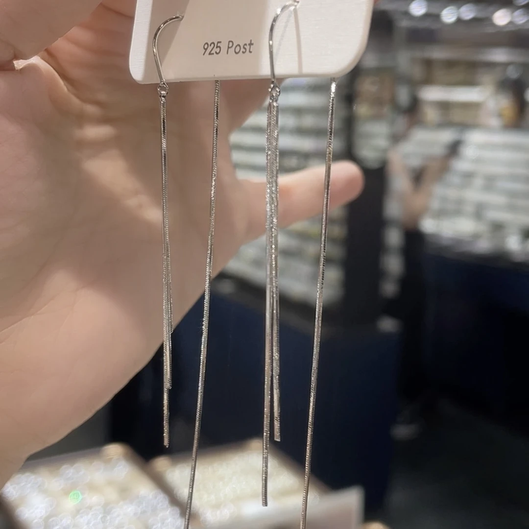 铜合金耳饰 银色简约防丢三线流苏长款百搭精致素款韩版精美时尚