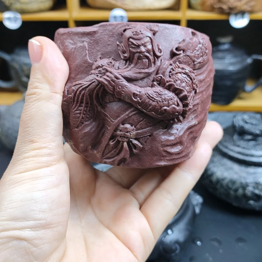 紫砂茶壶大*花关二爷石头主人杯