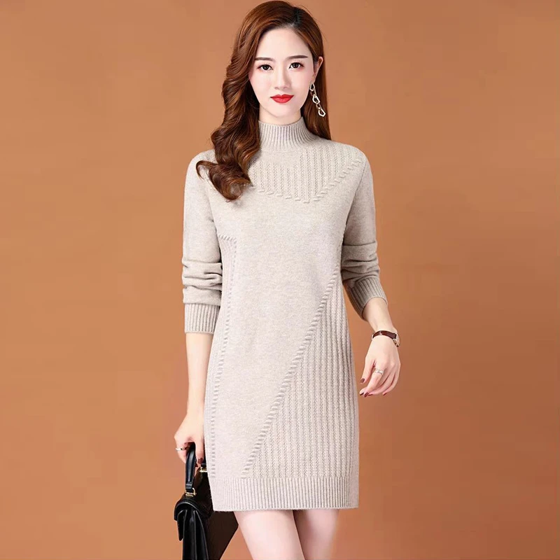 羊毛衫女中长款毛衣裙秋冬新款半高领宽松时尚气质百搭针织打底衫