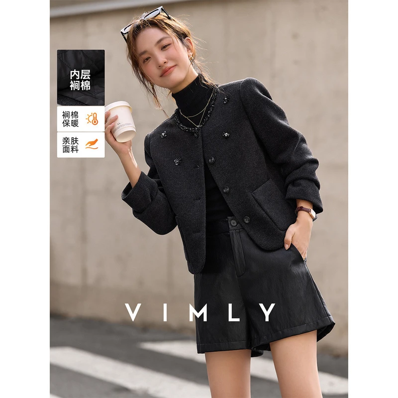 M梵希蔓灰色法式小香风圆领短款呢外套女冬季夹棉加厚上衣A3620