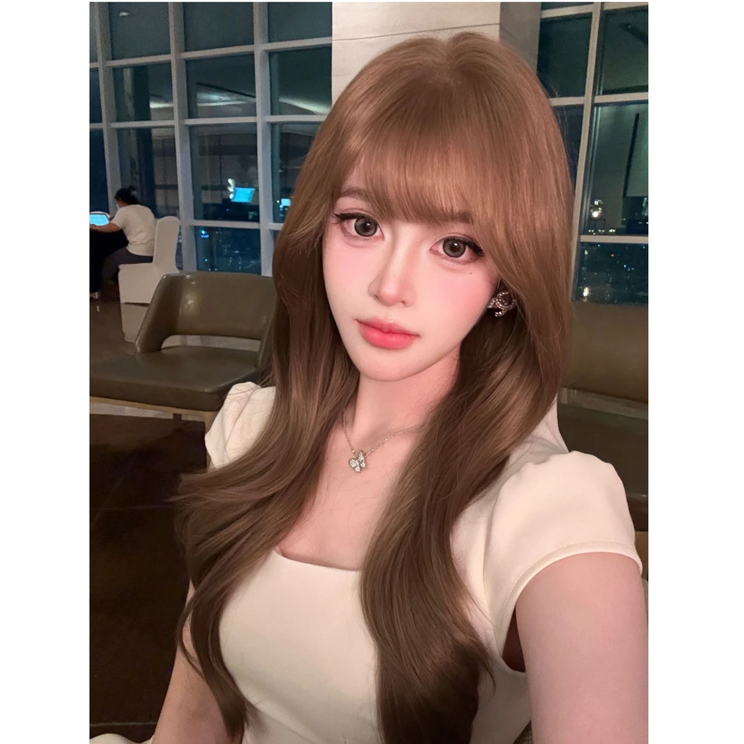 小糯米【呼吸全头套】空气刘海浅冷棕色黑茶色刘海卷发自然假发