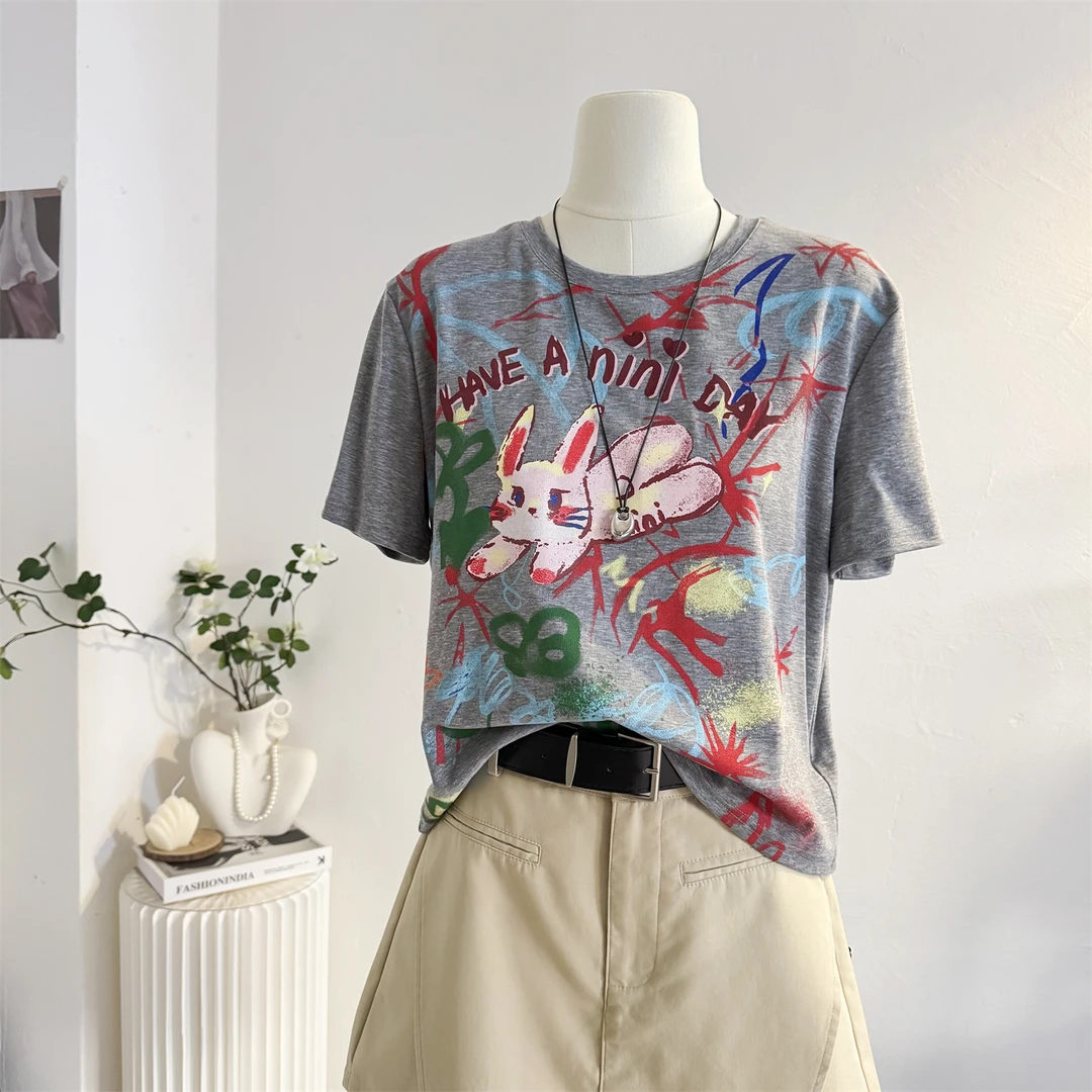 灰色彩绘涂鸦印花短袖T恤女2025夏美式复古宽松休闲正肩短款上衣