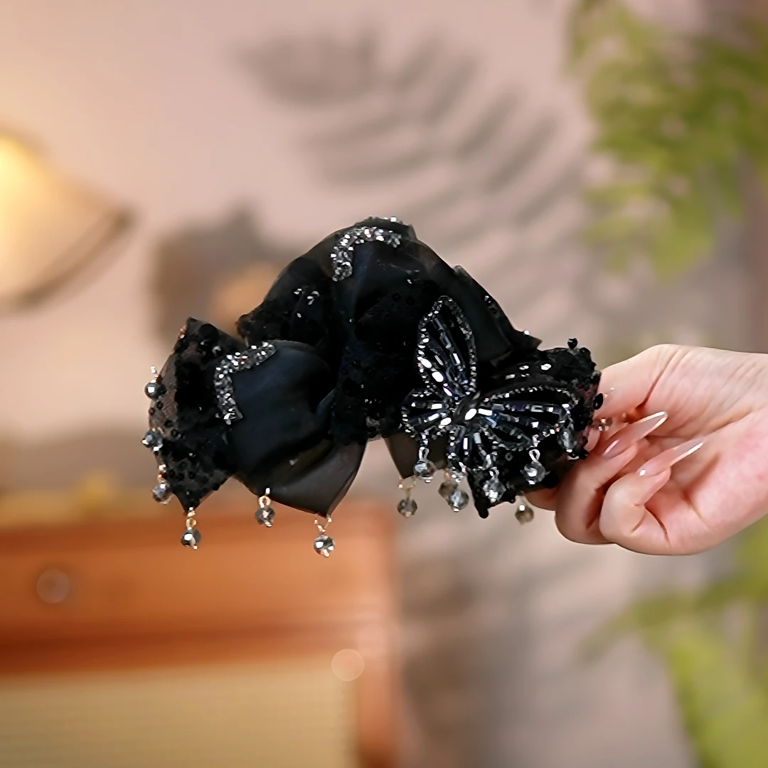 （晶翼流光）轻奢高级感蝴蝶结水晶抓夹精致优鲨鱼夹时尚百搭发夹
