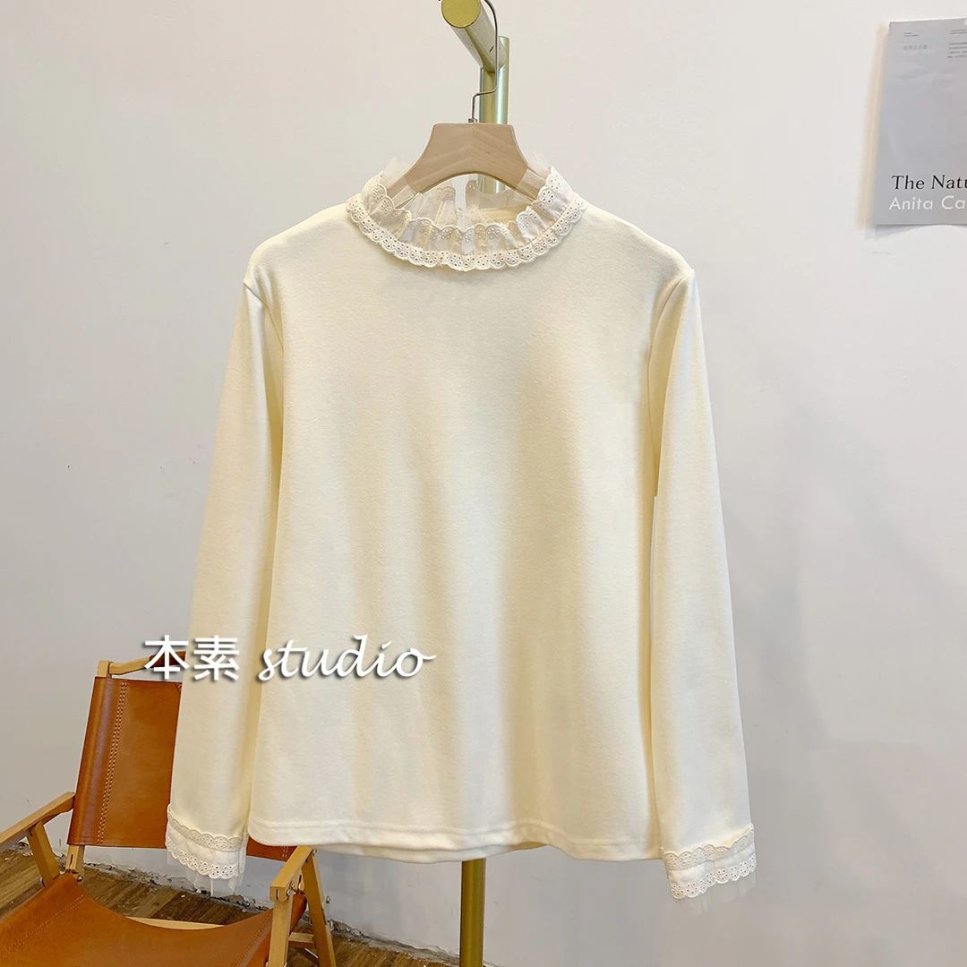 美美M9079磨毛弹力德绒蕾丝边半高领打底衫T恤