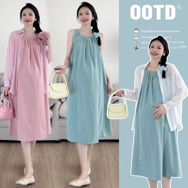 孕妇装夏季新款休闲百搭防晒开衫收褶无袖连衣裙外出游玩孕妈穿搭