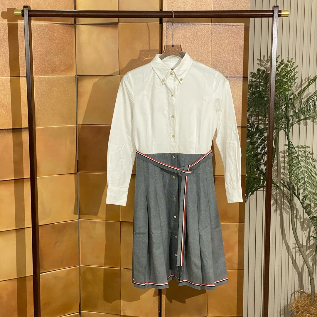 Thom Browne撞色百褶彩条锁扣腰带长袖连衣裙/38码/99新/女42493