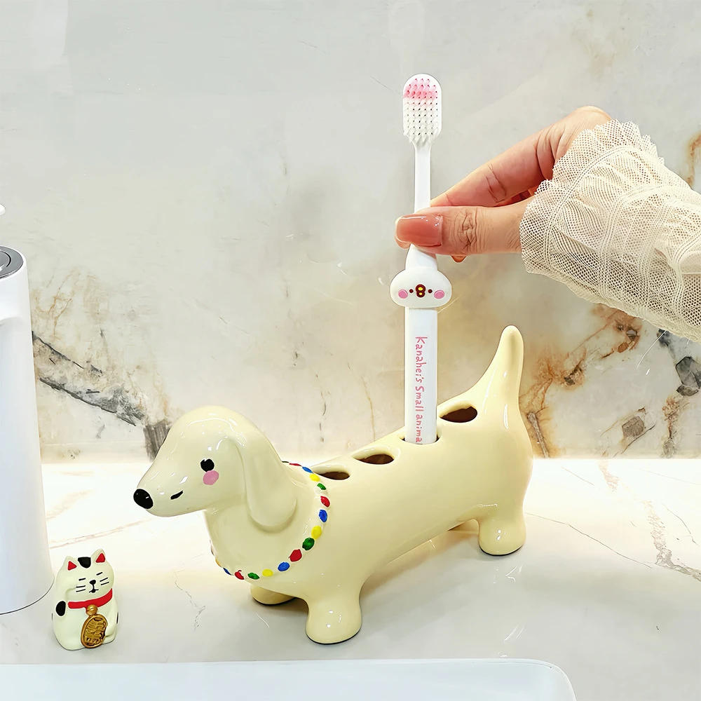 卡通腊肠狗牙刷置物架卫生间洗漱台牙刷陶瓷底座牙具牙膏收纳架