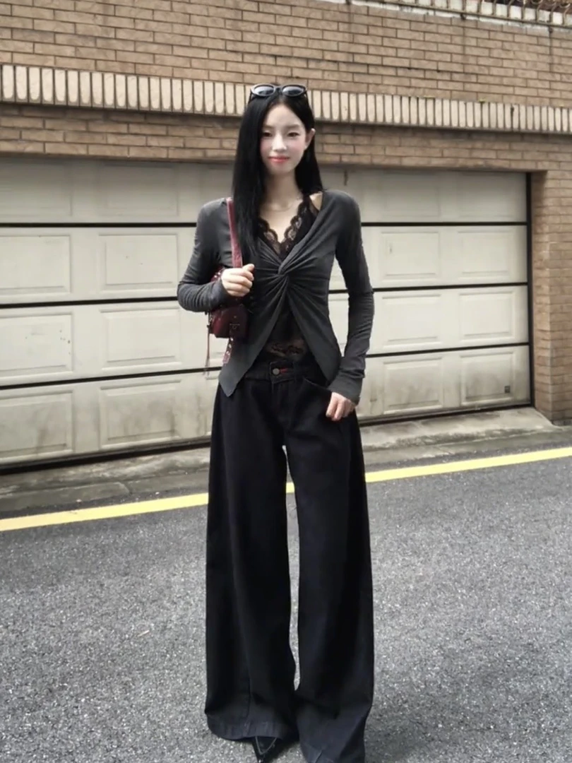 法式纯欲风蕾丝拼接纽结长袖t恤女早秋收腰显瘦假两件打底衫上衣