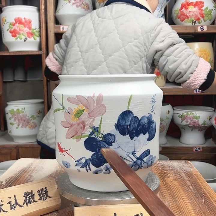 摆件电饭煲青花荷花新款陶瓷陶瓷