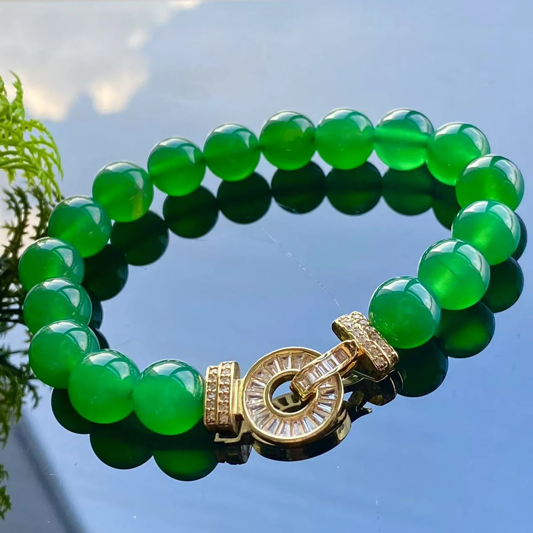 新品-天然正品卡10mm手串高档冰透阳绿色玉髓精品小众男女款手串