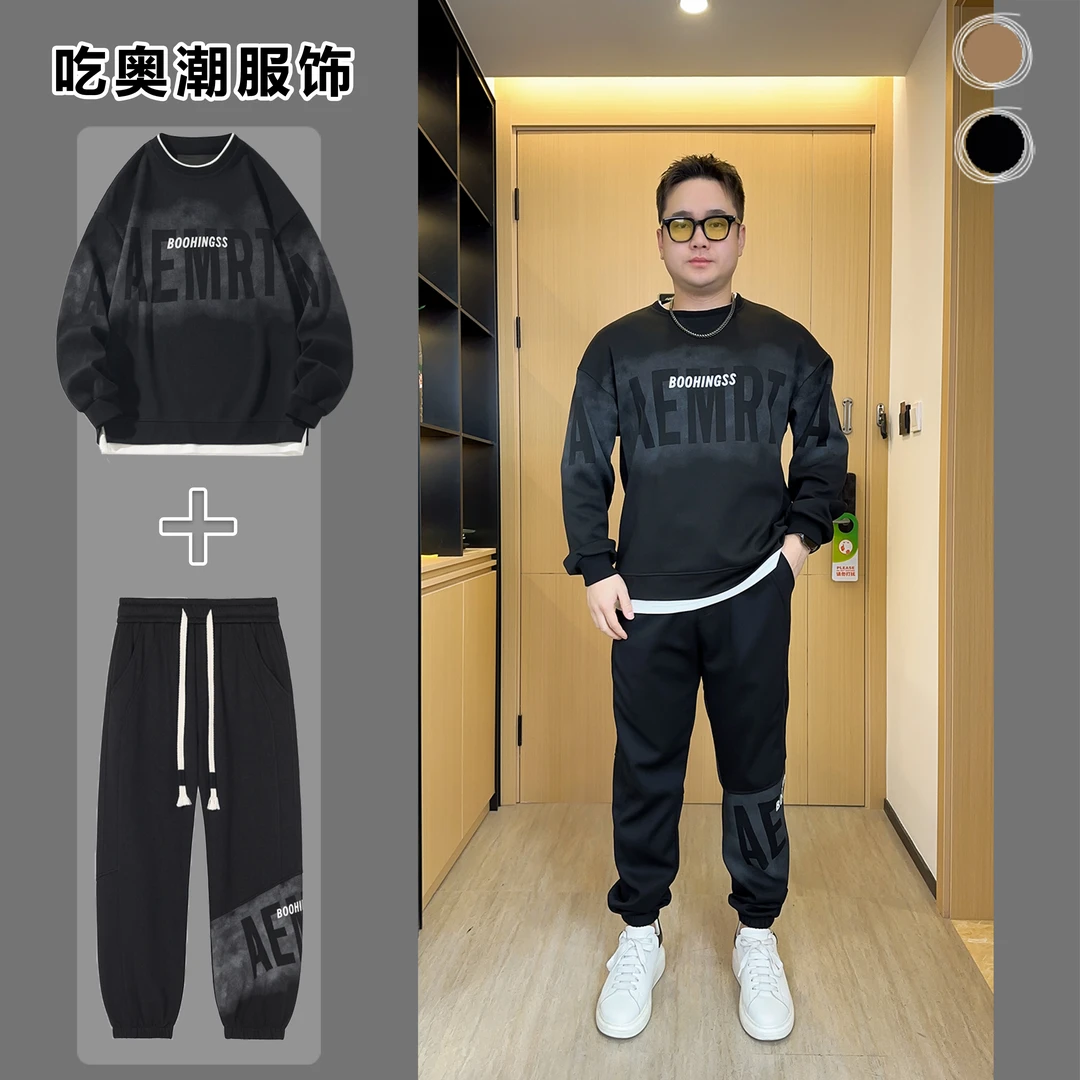 春季大码潮流印花长袖T恤男宽松百搭休闲束脚裤胖子显瘦衣服24557