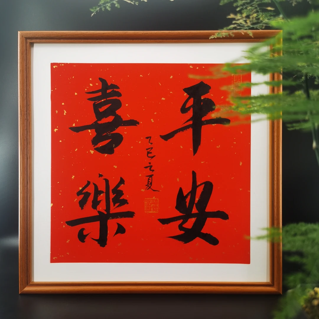 原创手写《平安喜乐》配实木相框34.5*34.5cm