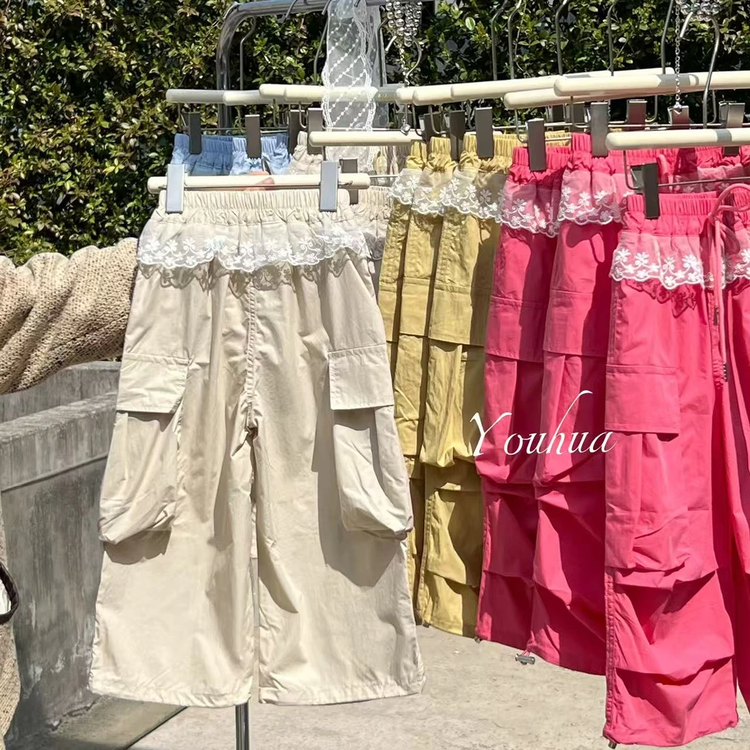 尤画2025夏季新款糖果色工装裤拼接女孩裤子百搭时尚裤子68167