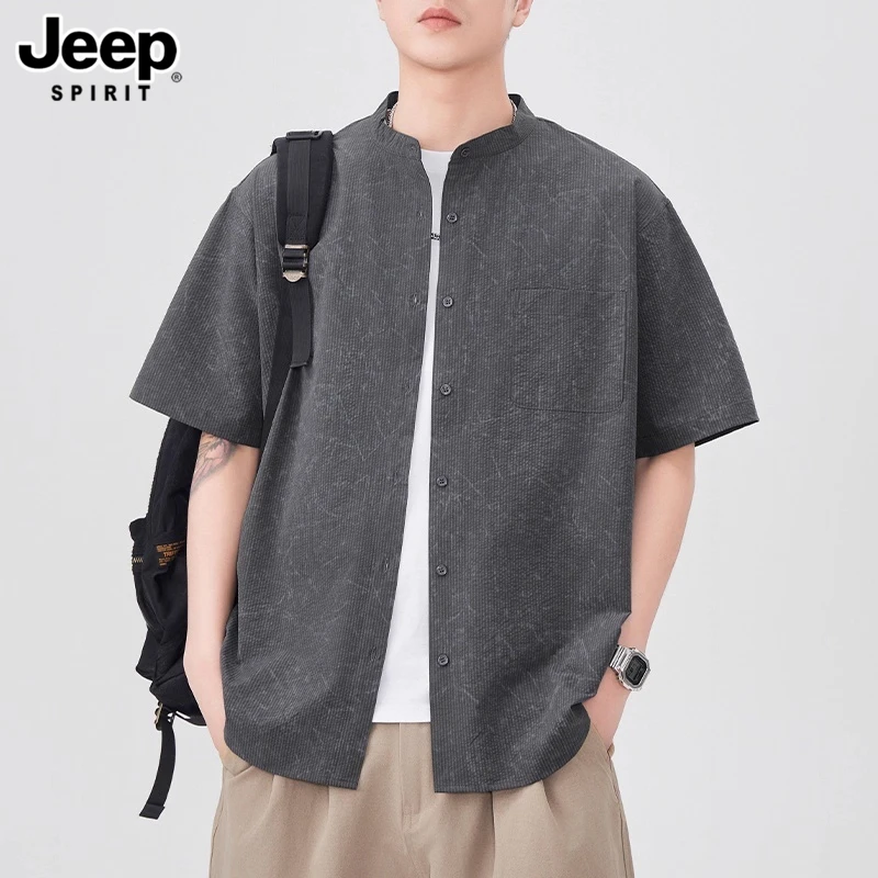 吉普中式立领衬衫男士2025年夏季新款潮流复古宽松休闲短袖衬衣