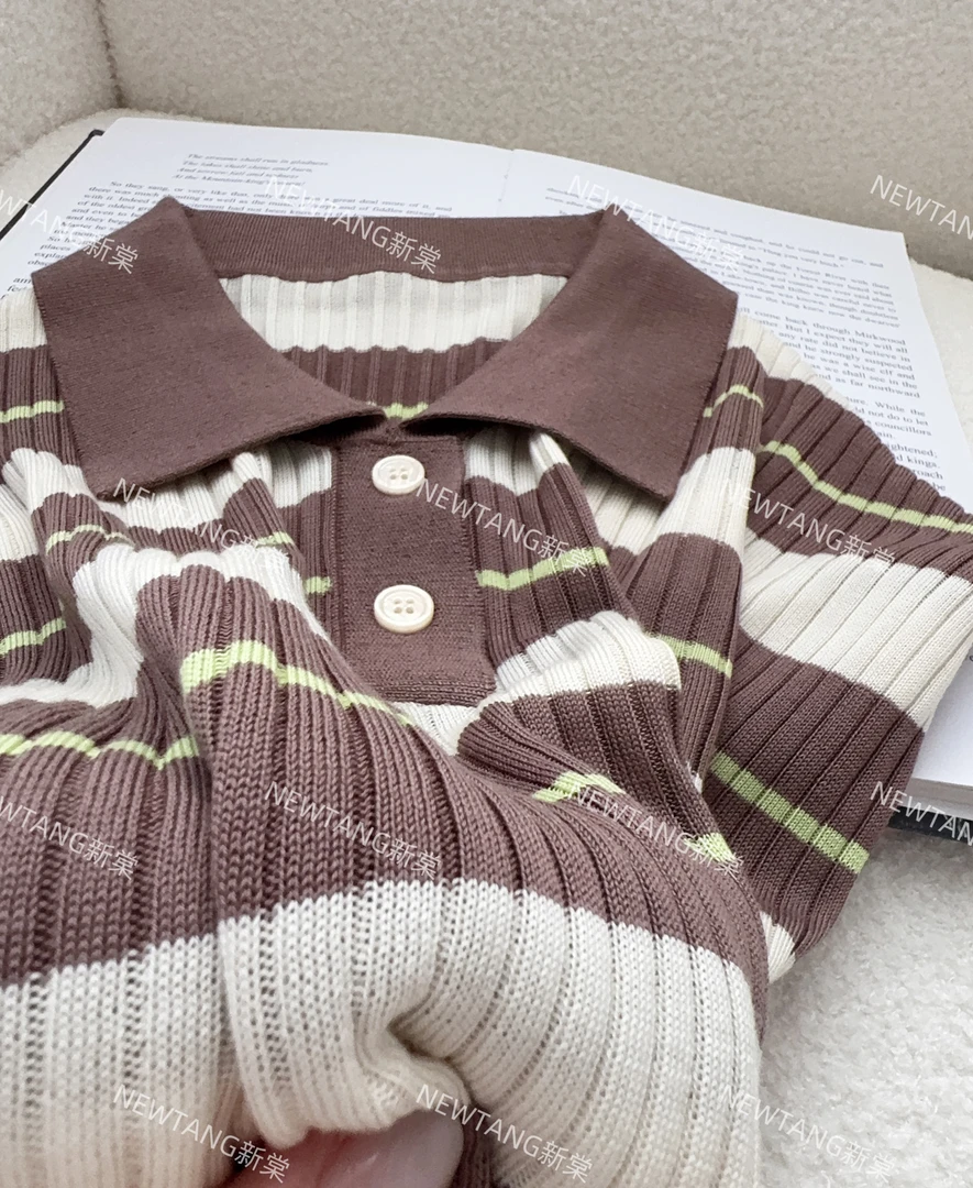 【艺术家】44时尚夏季竖条翻领复古文艺显瘦短袖