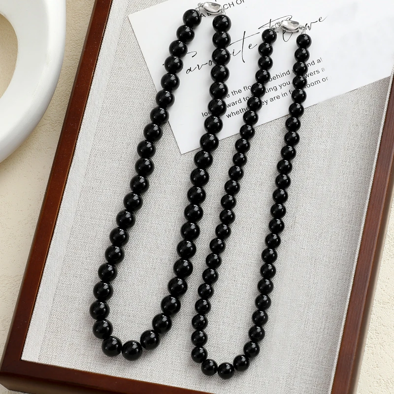 黑曜石黑色项链女款s925银扣手工串珠冷淡风锁骨链轻奢高级感颈饰