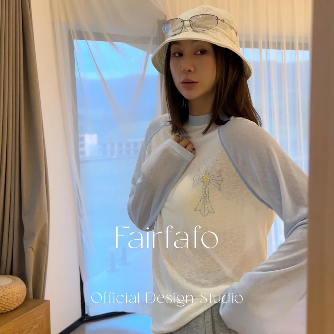 【烫钻梵文拼接长袖】莱赛尔 CXCL57043新款潮牌渐变烫钻慵懒感长袖